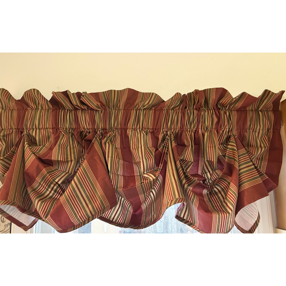 SET/2 Waverly Home Classics Striped Ruffle‎ Valance Burgundy Tan Green 77" x 16"